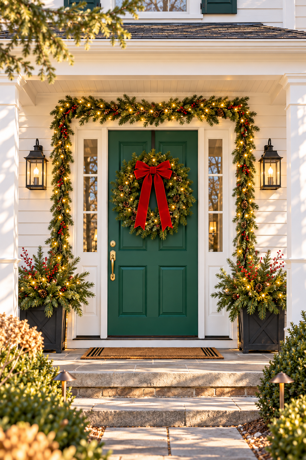Design inspiration showing a festive doorway, holiday lights and greenery